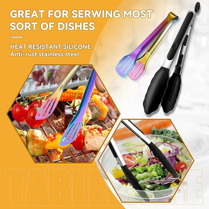Rainbow Serving Utensils Set Stainless Steel, 15pcs Large Metal Serveware Serving Spoons, Slotted Spoons, Forks, Tongs, Soup and Skimmer Spoon, Cake Server for Partie, Buffet, Catering, Entertaining