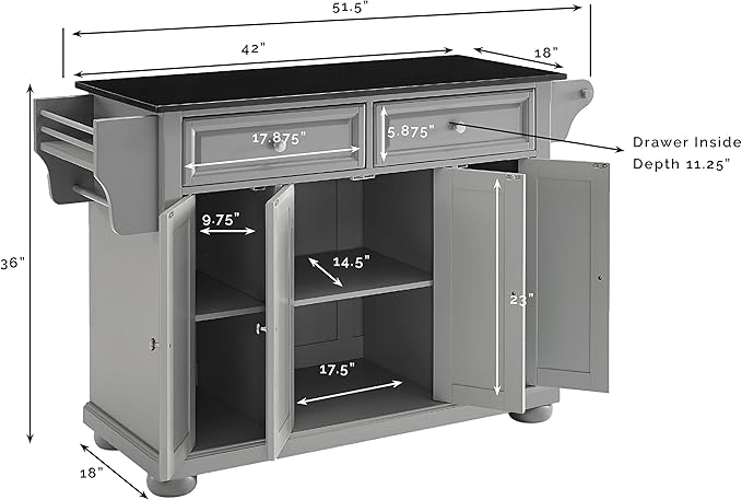 Crosley Furniture Alexandria Granite Top Rolling Kitchen Island Storage Cart, Microwave Stand, Spice Rack, Gray