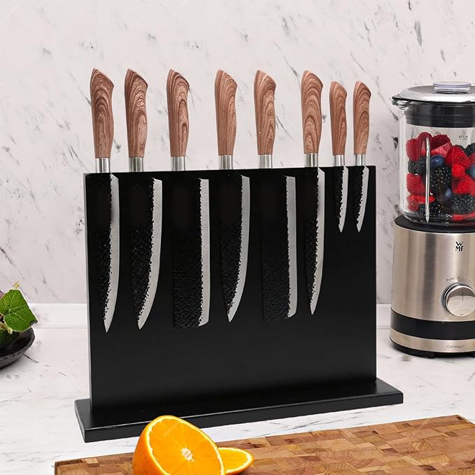 Resafy Magnetic Knife Holder-16X12 Inches Double Side Acacia Black Wooden Knife Block Rack Universal Stands with Strong Enhanced Magnets Strip for Kitchen Counter,Large Organizer Without Knives