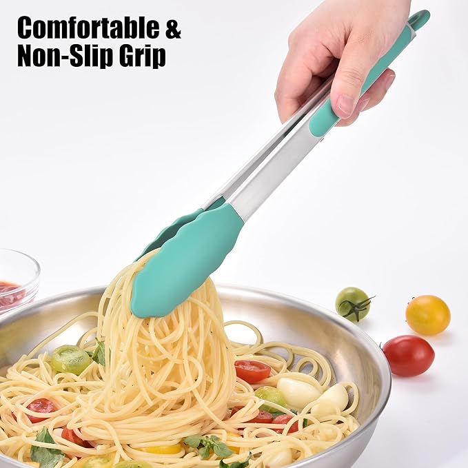 Doosu Kitchen Tongs for Cooking - 600°F Heat Resistant Food Tong Set with Non-Scratch Silicone Tips, Heavy Duty Stainless Steel Locking Tong for BBQ, Grilling Steak, Serving (7+9+12in, Aqua Sky)