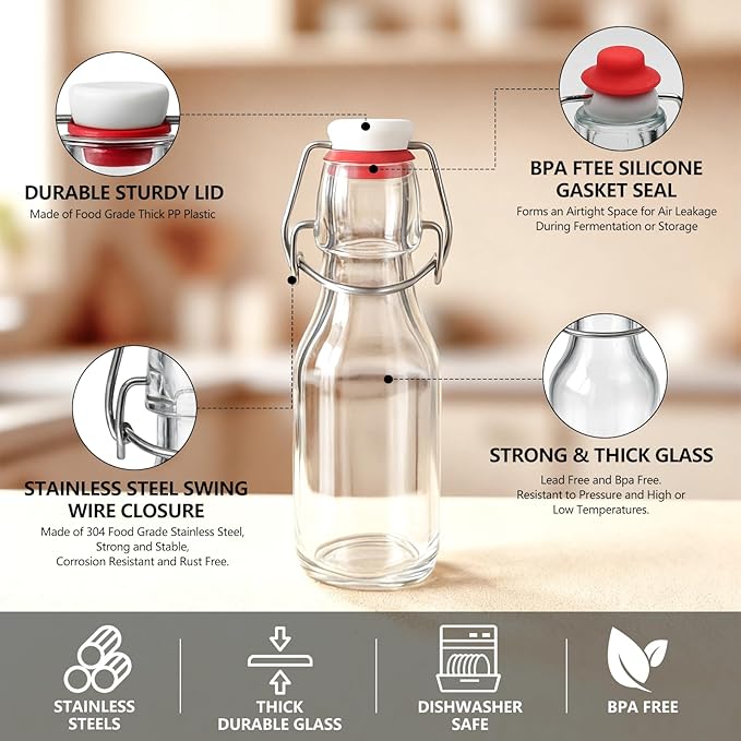 Ruckae 24 Pack 4oz Swing Top Glass Bottles with Lids Kombucha Coquito Flip Top Glass Bottle for Syrup Vanilla Extract Brew Beer Kefir Air Tight Bottles for Gift (4 oz 24 pack)