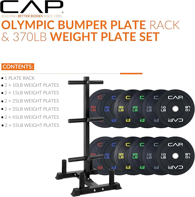 CAP Barbell 2-Inch Olympic Bumper Plate Weight Set with 6 Post Rack | 100-370 lbs | Multiple Options
