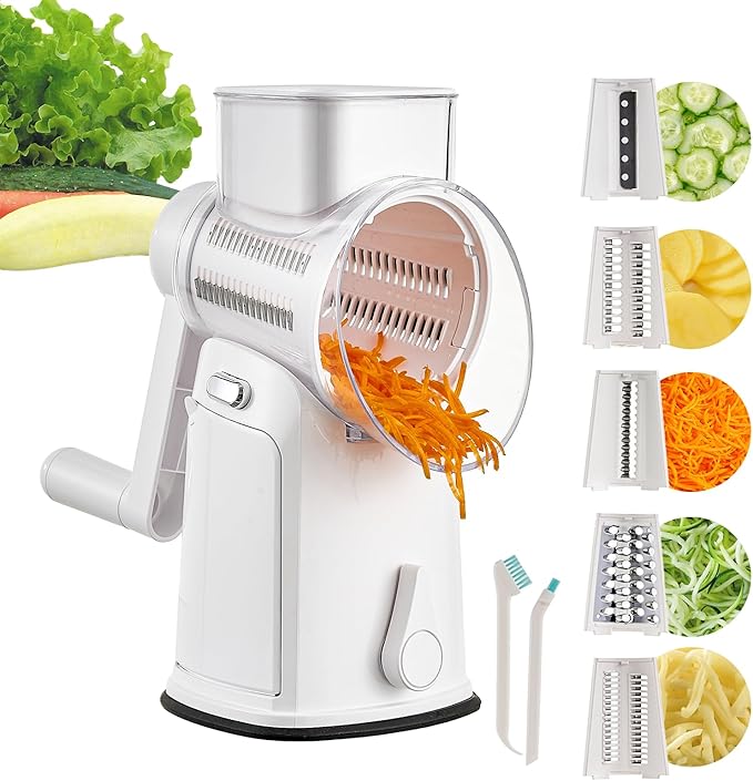 Rotary Cheese Grater Hand Crank, 5 in 1 Mandoline Vegetable Slicer - 5 Sets of Blades,Strong Suction Base&Easy to Clean - Kitchen Cheese Grater Shredder with Handle for Fruit,Vegetable,Nuts