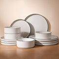 Famiware Nebula Plates and Bowls Sets for 4, 12 Pieces Stoneware Dinnerware Set, Microwave and Dishwasher Safe Dishes Set, White with Black Rim