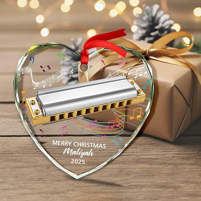 Customized Harmonica Glass Keepsake Ornament, Personalized Text Year Name Harmonica Player Xmas Ornaments Gift for Husband Wife Dad Mom, Unique Harmonicas Glass Christmas Ornament for Appreciation