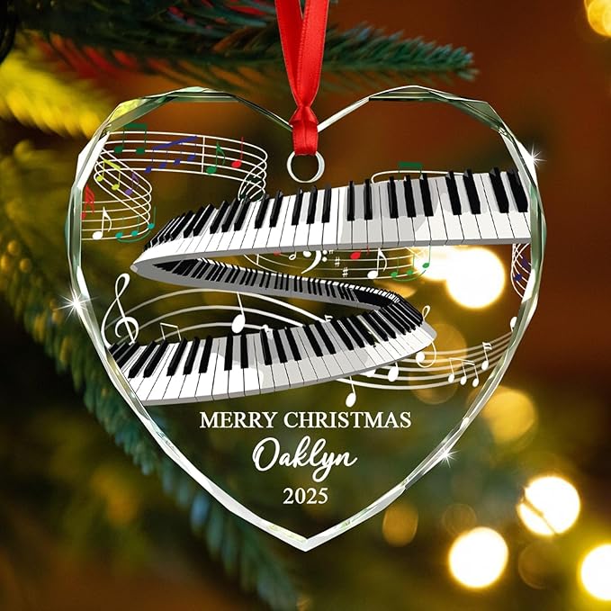 Customized Year Text & Name Keyboard Musical Glass Ornament, Personalized Keyboard Player Christmas Ornaments Gift for Husband Wife Brother Sister Dad Mom, Unique Keyboards Glass Christmas Ornament