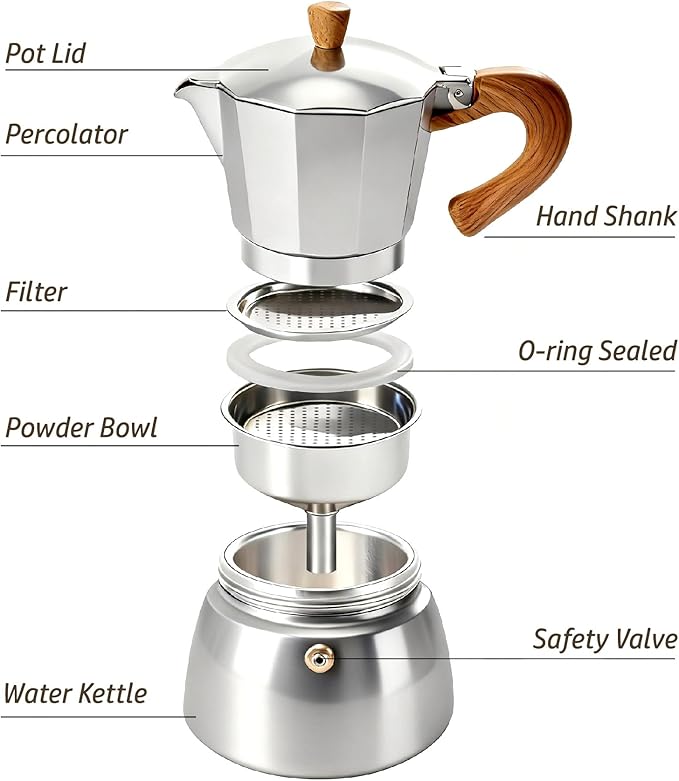 AGOGO Milano Moka Pot, Stovetop Espresso Maker, Greca, Coffee Percolator, Turkish Coffee Maker with Paper Filter 6 Cup Original Silver
