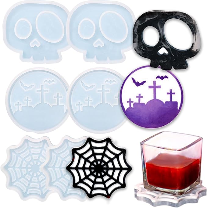 Halloween Coaster Resin Mold, 6Pcs Coaster Silicone Molds for Epoxy Resin, Skull Spider Web Cemetery Coaster Mold for Epoxy Casting, Jewelry Storage Candle Holder Mold for Craft Home Halloween Decor