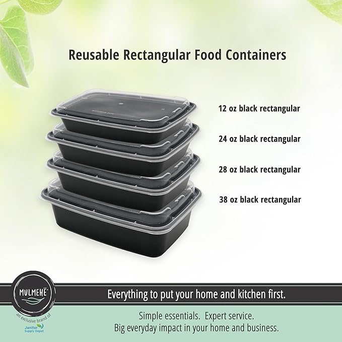 MULMEHË Plastic Food Storage Take-Out Container and Lid Combo, 28 oz, Microwaveable, Rectangular, Black, 8.5x6x1.5, Set of 150