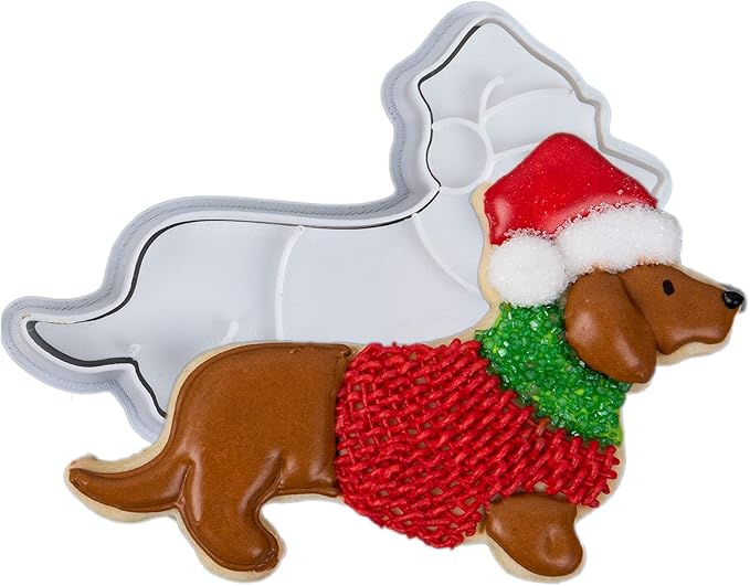 Flycalf Christmas Cookie Cutters Dachshund Shapes with 3D Stamper Fall Holiday PLA Baking Accessories Cutter Molds Gifts for Kids Decorative Party 3.5" Kitchen Cake Supplies