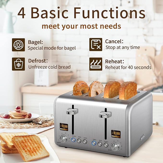 SEEDEEM 4 Slice Stainless Toaster - Color LCD Display, 7 Shade Settings, 1.5'' Wide Slots with Bagel/Defrost/Reheat Functions, Removable Crumb Tray, Silver Metallic, 1800W