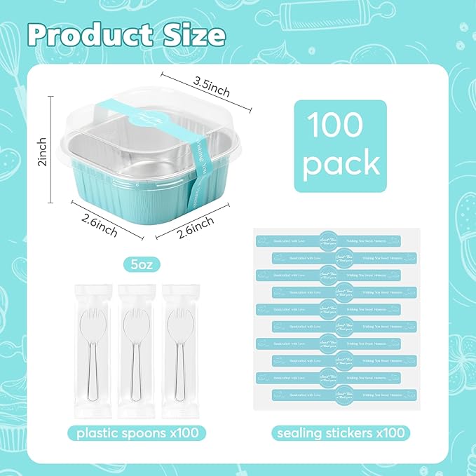 Ruckae 5oz 100 Pcs Square Mini Loaf Pans with Lids-Disposable Foil Dessert Containers,Mini Cake Pans with Lids,Aluminum Dessert Cups for Parties and Weddings (Light Blue, 5oz)