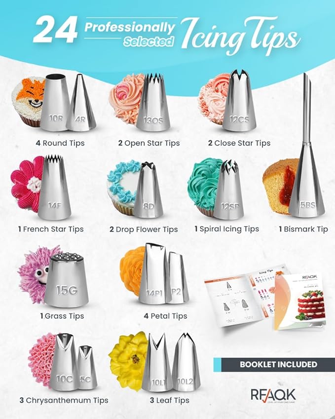 RFAQK 150 PCs Cake Decorating Kit for Beginners, Includes Video Course, Booklet, Cake Turntable, Leveler,100 Piping Bags,24 Numbered Piping Tips, Scraper set, Spatulas & Much more Baking Supplies Tool