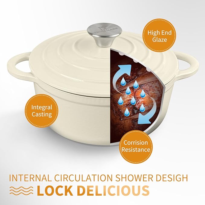 Trustmade 4.5 QT Cast Iron Dutch Oven, Enamel Coated Cookware Pot with Self Basting Lid for Home Baking, Braiser, Cooking, White