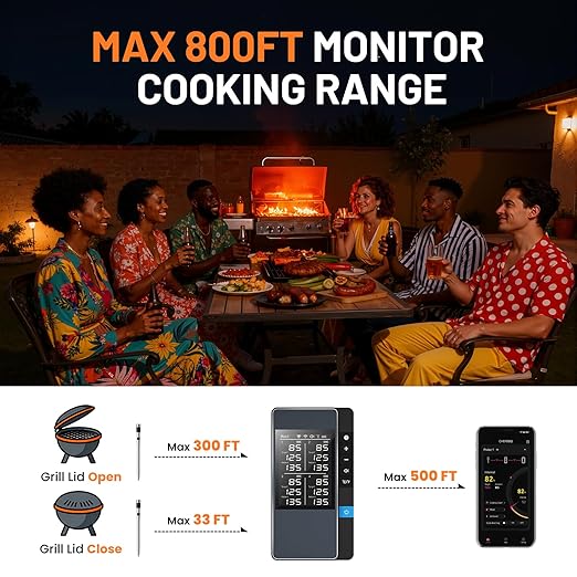 Smart Bluetooth Wireless Meat Thermometer, Real-Time Monitoring Control Digital Thermometer with Smart App, 4 Meat Probes IP67 Waterproof High Accuracy Perfect for BBQ, Oven, Grill & Smoker