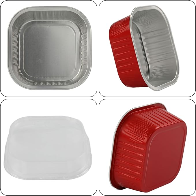 Baking Cups With Lids, BAKINGPAK 30PCS 10oz Square Mini Cake Pans With Lids Disposable Cupcake Containers Individual Cake Pans with Lids Mini Aluminum Pans with Lids for Children Party Birthday, Red