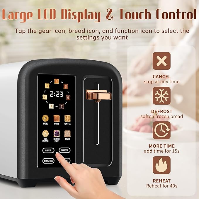 SEEDEEM Toaster 2 Slice with Touch Screen, Faster Heating Speed, 7 Shade Setting, 6 Bread Type, 1.5”Wide Slots Toaster, Removable Crumb Tray, 1350W, Dark Chocolate