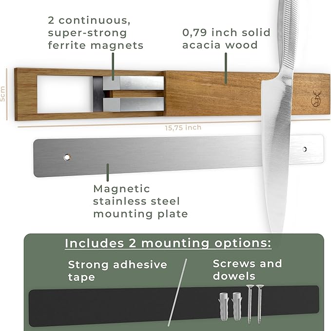 WALDWERK Knife Magnetic Strip (15,7 x 2 in) Mount with Adhesive or Screws - Magnetic Knife Holder for Wall - Magnetic Knife Strip made of Elegant Acacia Wood - Magnetic Knife Holder for Heavy Knifes