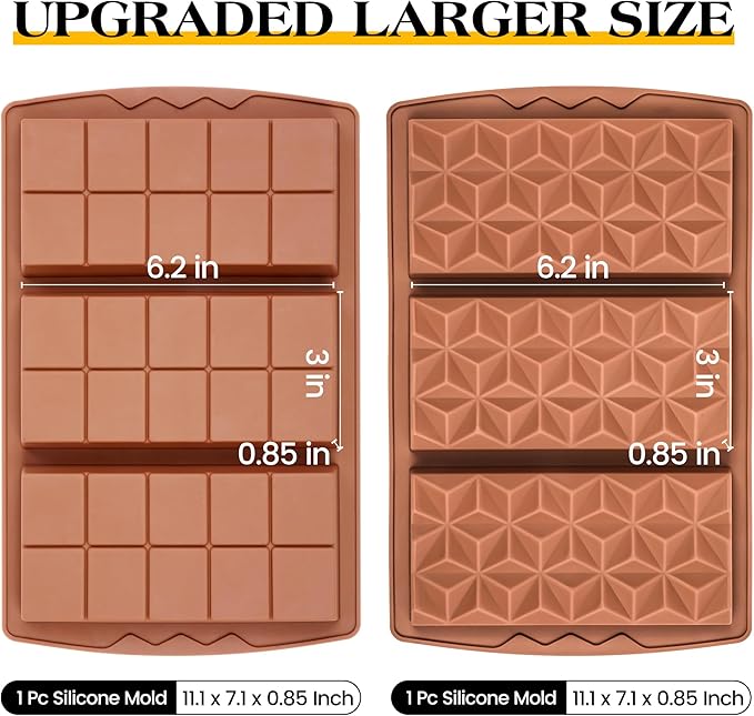 2 Pcs Chocolate Bar Mold Deep Dubai 0.85 Inch Stuffed Chocolate Molds Silicone Large Break Apart Silicone Molds (10 Snap + Pyramid）