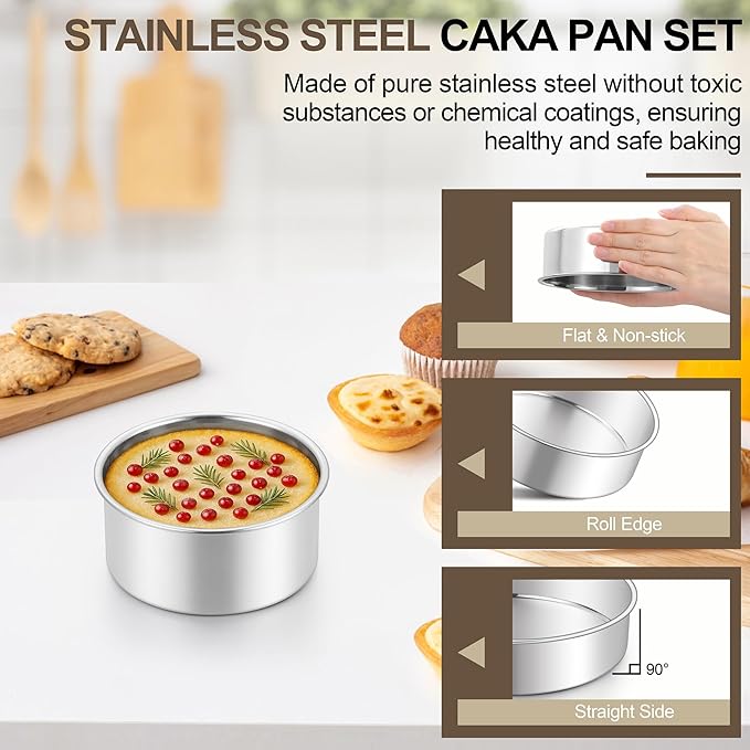 Homikit Mini Round Cake Pan Set of 3, 4 Inch Stainless Steel Small Baking Pans, Layer Smash Cake Tins for Birthday Baby Shower Wedding Party, Oven & Dishwasher Safe