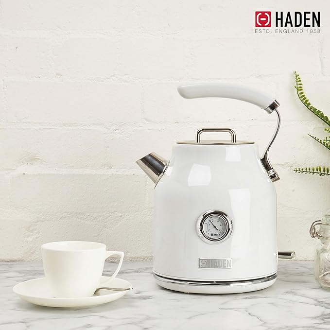 Haden Dorset 1.7 Liter Stainless Steel Electric Kettle, Hot Water Kettle with 360-Degree Base and Auto Shutoff, Ivory & Chrome