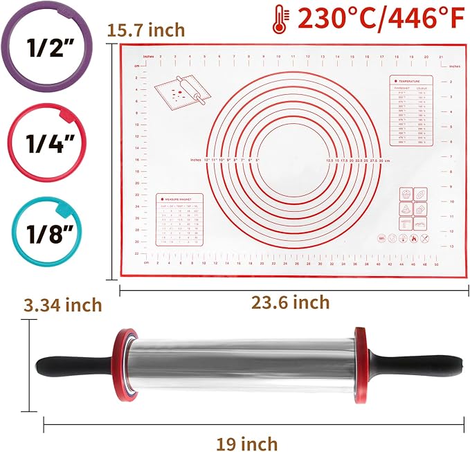 SHIKORI Rolling Pin,Adjustable Rolling Pin with Thickness Rings, Stainless Steel Dough Roller Baking Supplies for Pizza Pastry Fondant Pie Pasta-Black