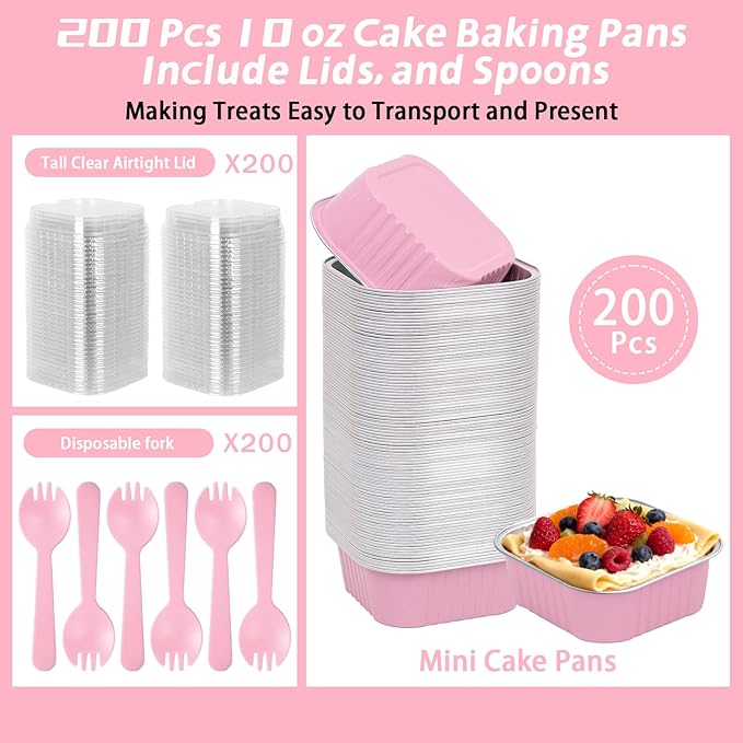 200 Pack 10 oz Pink Square Mini Cake Pans with Lids, Mini Loaf Pans with Lids, Aluminum Foil Square Brownie Baking Cups for Ramekins Muffin Cupcake Wedding Birthday Party