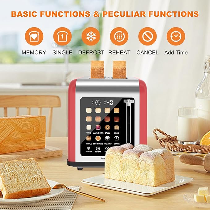 2 Slice Toaster Touch Screen, Stainless Steel Toasters Digital Timer 2 Slot Toasters, 8 Shade Settings 6 Bread Types for Bagel, Cancel, Defrost (Red)