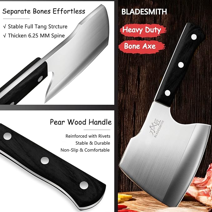 BLADESMITH Bone Cleaver Knife, Full Tang, Heavy Duty use, for Big Bones and frozen meat, Axe Blade Shape, 2lbs -7mm Thickness high Carbon Steel, Black wood Handle,2025 Gifts