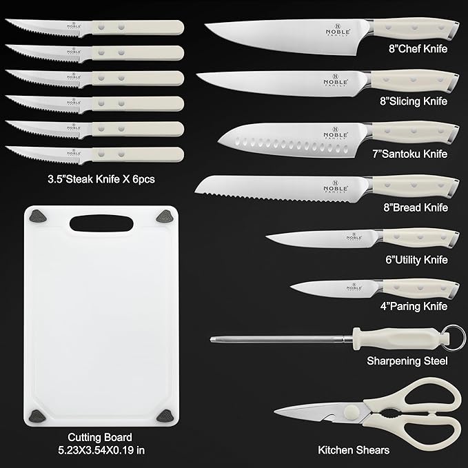 In-drawer Knife Block Set, 16PCS Kitchen Knife Set with Wooden Block, Chopping Knives Set, Stainless Steel Knife Block Set, Sharp Cooking Knife Set with Cutting Board, Rust Proof, White