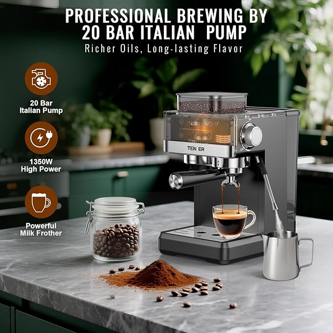 TENKER Espresso Machine with Grinder, 20 Bar Coffee Machine with Milk Frother for Home, All-in-One Stainless Steel Coffee Maker to Make Latte, Cappuccino, Hot or Cold Brew Iced Coffee