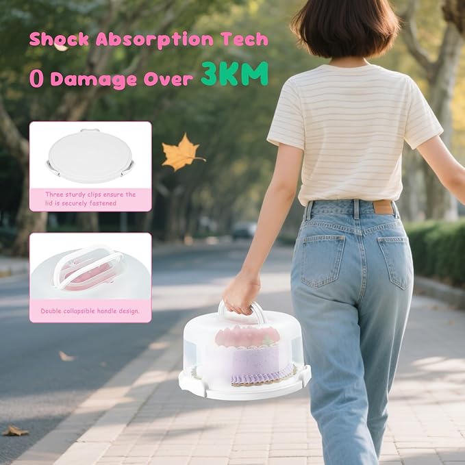Cake Carrier With Lid And Handle, Bpa-Free Cake Holder With Lid For 10 Inch Round Cake Carrier With 10 pcs Round Golden Cake Boards And Portable Insulated Bag（White）