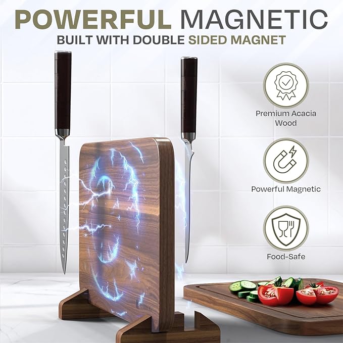 Magnetic Knife Block with Acacia Wood Cutting Board - Extra Large 15.5x10.5x0.75In Magnetic Knife Block Set with Chopping Board Knife Holder Charcuterie Display Storage Organizer for Kitchen Counter