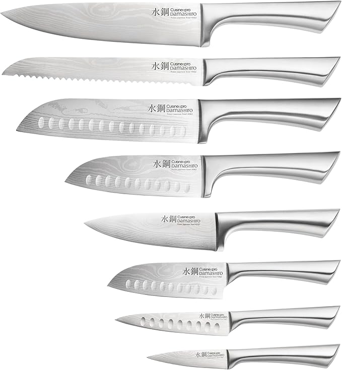 Cuisine::pro Damashiro Knife Block (Bodo, 10 Piece Set) - Premium Japanese Steel Knife Set With Transparent Display - Built-in Magnetic Acacia Wood Chopping Board