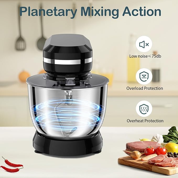 Household Stand Mixer with 6.5 Quart Bowl, Electric Food Mixer 10+p Speeds 660W, Kitchen Tilt-Head Bread Dough and Cake Mixers with Dough Hook, Whisk, Beater, Splash Guard and Egg Separator (Black)