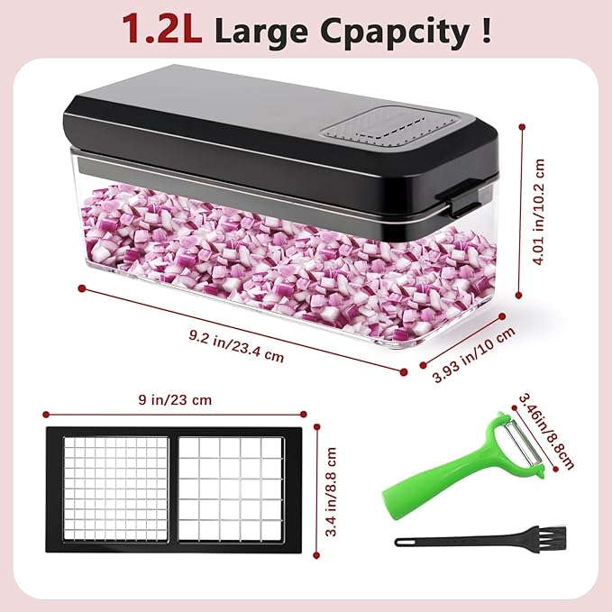 Vegetable Chopper, Onion Chopper Dicer, Mandoline Slicer, Food Chopper with Container, Vegetable Cutter for Salad Potato Carrot Garlic（2 Blades, Black）