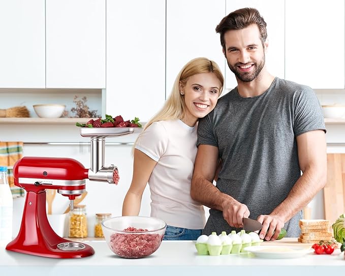 Stainless Steel Meat Grinder Attachment for KitchenAid Stand Mixers, Includes 3 Grinding Plates & 3 Sausage Stuffer Tubes, All-Metal Food Grinder, Dishwasher Safe