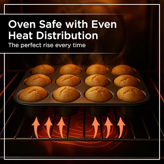 Wrenbury Non Stick Muffin Pan for Baking 12 Cup - Non Toxic Deep Cupcake and Yorkshire Pudding Tin - Even Bakes, Easy Clean, Warp Resistant - 3" Cup