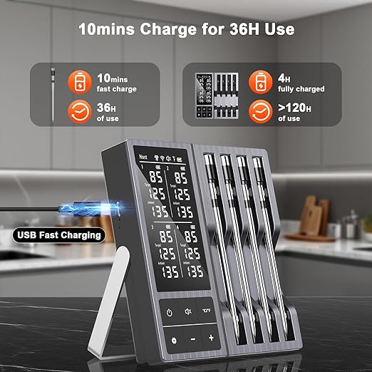 Wireless Meat Thermometer with Smart Timer & APP Alerts, 800ft Bluetooth Grill Food Thermometer, 4 X 0.19In Ultra Thin Probes, ±0.5℉ Accuracy, Big Digital Backlit Screen, for BBQ, Oven, Smoker