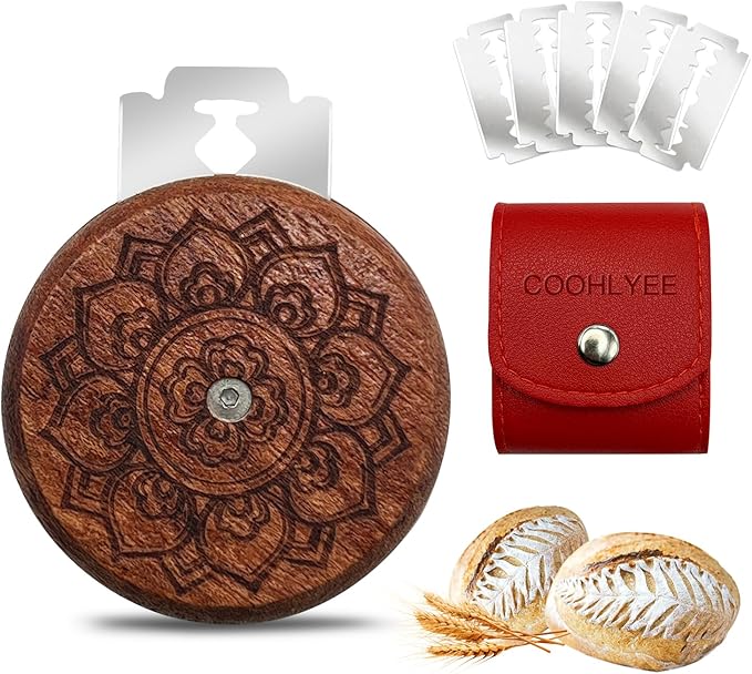 Bread Lame Sourdough Scoring Tool - Wooden Lame Bread Scoring Tool with 5 Razor Blades and Leather Storage Cover - UFO Bread Lame Dough Scoring Tool for Bread Baking