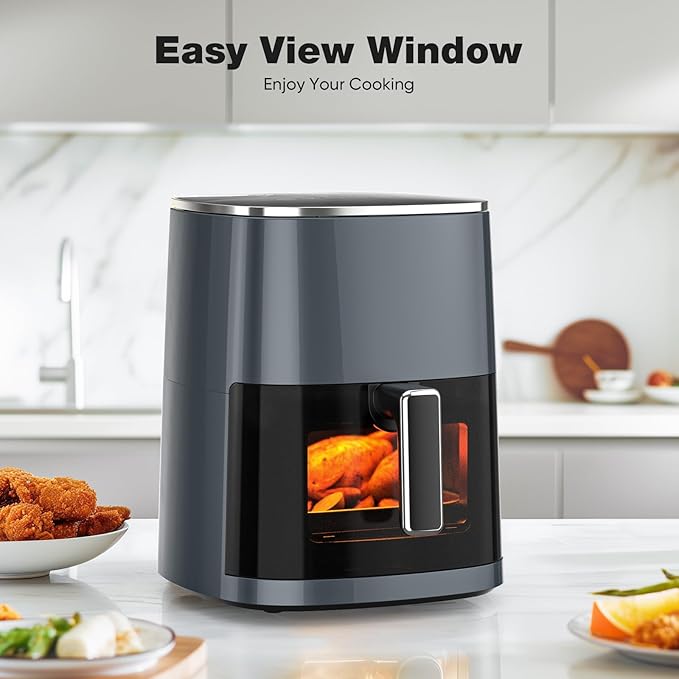 Sweetcrispy Air Fryer 6QT with Window, Square Airfryer Oven 12-in-1 for Family, 400°F Rapid Air Crispy Technology, Roast Bake Dehydrate, Nonstick & Easy-Clean Basket,Grey