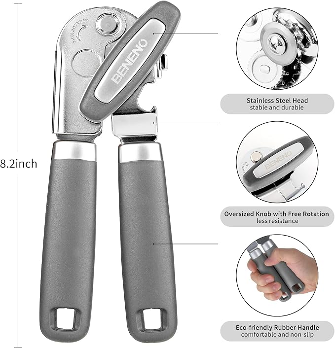 Beneno Heavy Duty Hand Can Opener Manual with Magnet, Durable Sharp Carbon Steel Blade Smooth Cutting, Big Effort-Saving Knob & Soft Grip Handle, Multifunctional Kitchen Tool with Bottle Opener, Gray