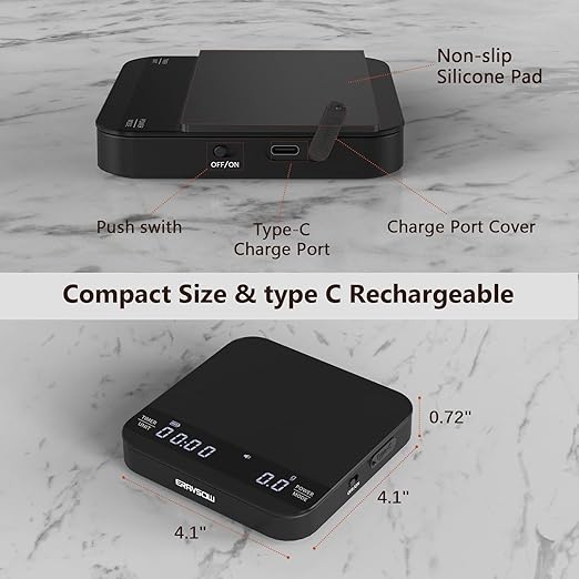 Coffee Scale with Auto Timing, Mini Rechargeable Espresso Scale with Timer, 2kg/0.1g High Precision Scale for Espresso and Pour-Over Coffee with Brewing Assist Modes