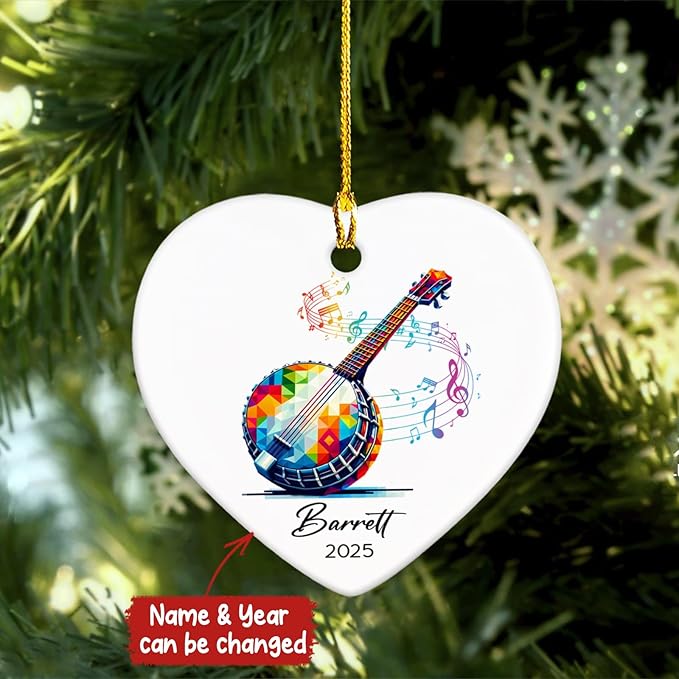 Personalized Banjo Ceramic Ornament Gifts for Music Lovers, Banjo Instrument Player Ornaments Xmas Tree, Custom Name & Year Banjoist Christmas Hanging Ceramic Ornament 2025, Banjoist Keepsake Decor
