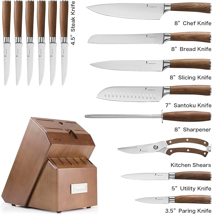 Natura Series 15 PCS Knife Block Set, Ultra Sharp High Carbon Stainless Steel with Wooden Handle