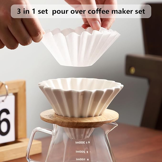 Bincoo 400ML Pour Over Coffee Maker Set with Filter Paper,Ceramic Coffee Dripper with Wood Stand Set for 1-2 Cups-Professional Brewing Tools for Pour Over & Drip for Home Office (Black)
