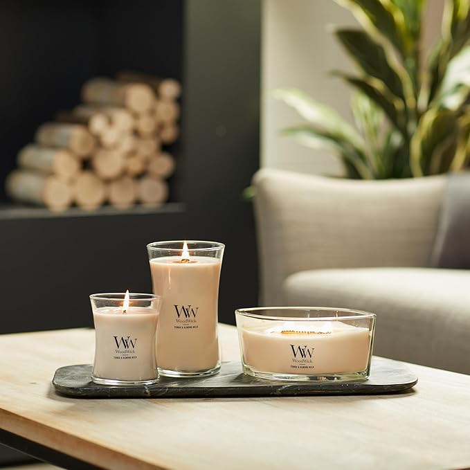 WoodWick Tonka & Almond Milk Gifts for Women and Men, 9.7 oz Medium Hourglass Candle with Crackling Wick