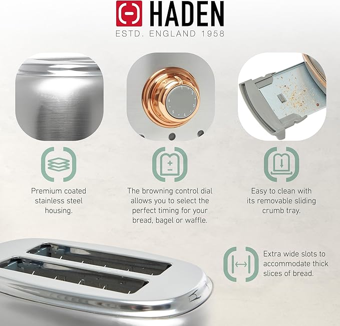 Haden Heritage 4 Slice Wide Slot Stainless Steel Toaster Bundled with 1.7 Liter Stainless Steel Electric Water Kettle, Steel & Copper