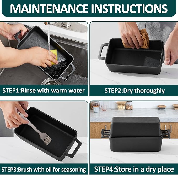 Leonyo 9 x 6 inch Cast Iron Loaf Pan with Lid, 2-in-1 Sourdough Baking Pan, Pre-seasoned Loaf Dutch Oven for Homemade Bread, Pound Cake, Lasagna, Up to 500℉ & Black