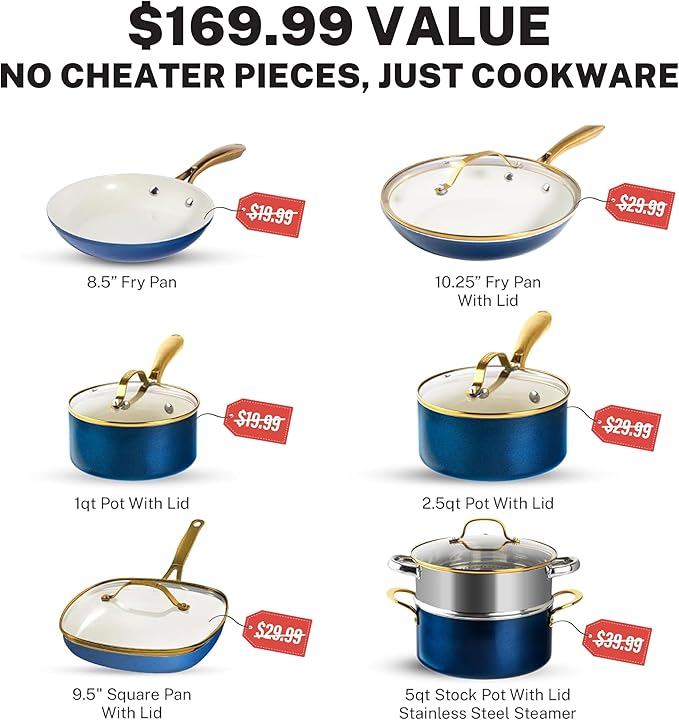 Gotham Steel 12 Pc Ceramic Cookware Set Nonstick, Ceramic Pots and Pans Set Non Stick with Steamer for Cooking, Non Toxic PFOA PFOS Free, Premium Stay Cool Handles, Oven & Dishwasher Safe